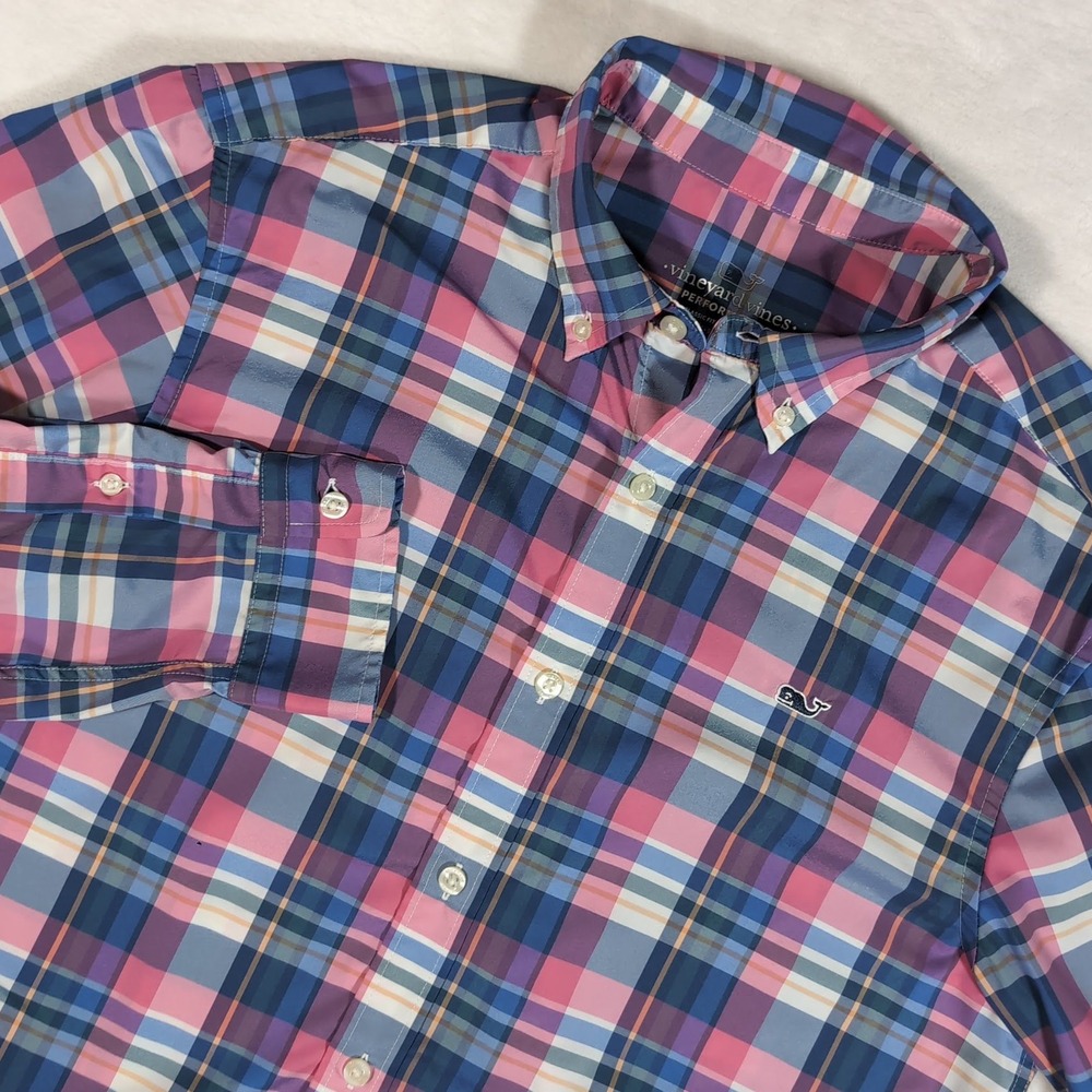 Vineyard Vines Performance Button Up Shirt Med Pink Blue Plaid Classic Fit Whale
